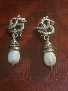 Rebecca Collins Sterling Silver Snake And Pearl Clip on Earrings